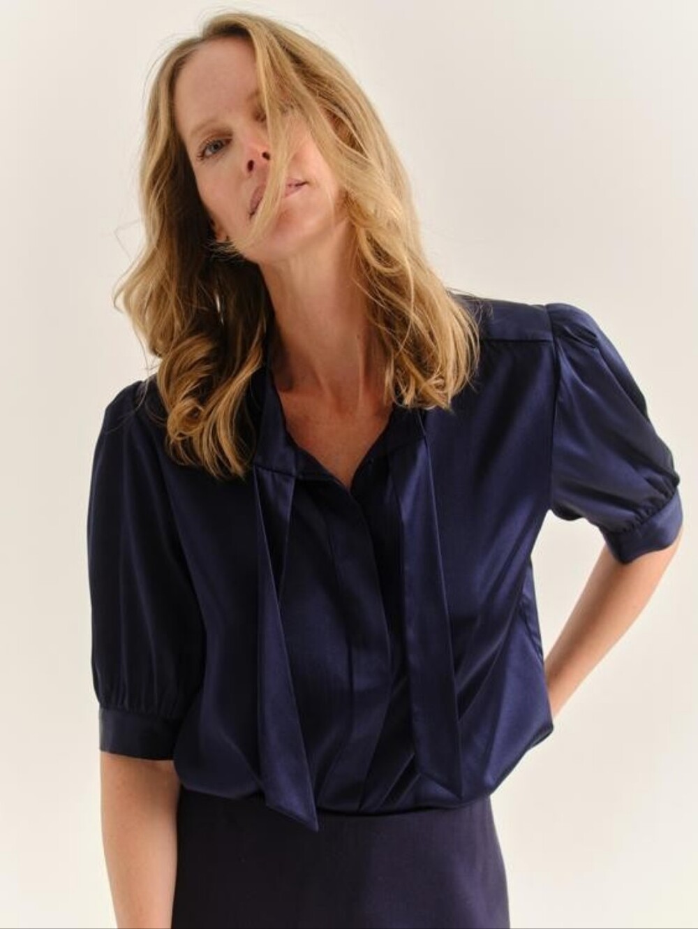 Cartolina Peggy Silk Neck Tie Sash Puff Sleeve Button Down Navy Blue Blouse S